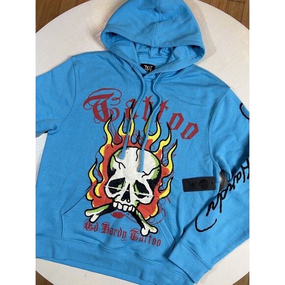 Ed Hardy Skull Flames Tattoo Men’s LARGE Hoodie Graphic Sweater Baby Blue NEW L